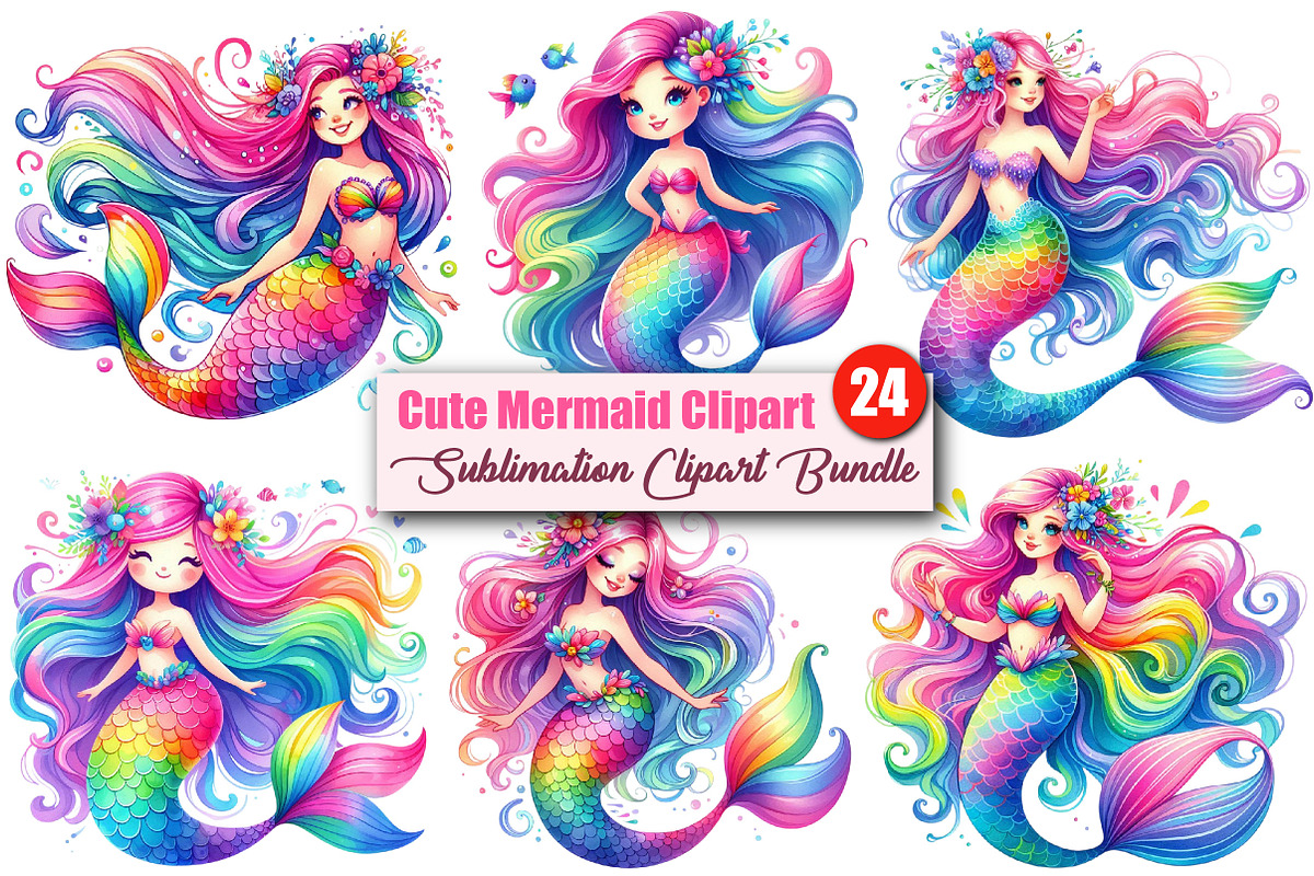 Watercolor Cute Mermaid Clipart, an Illustration by CitraGraphics (Photo 1 of 6)