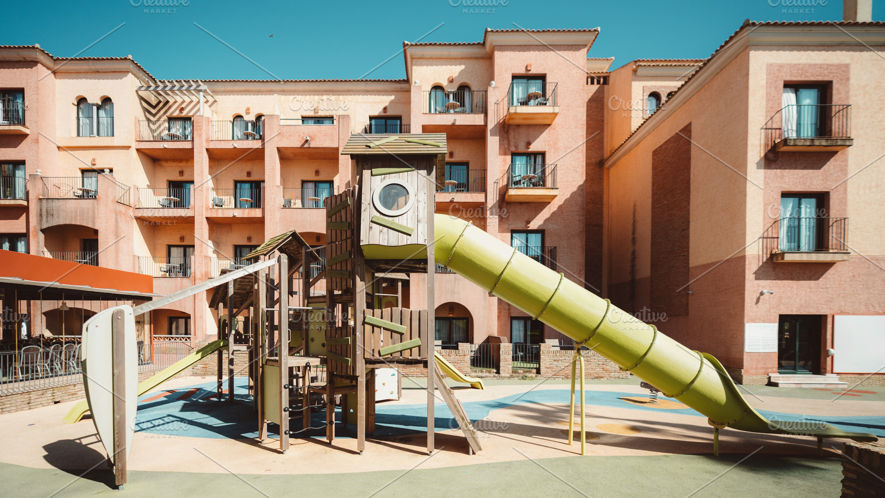 A playground with slide and tower, an Architecture Photo by SkyNext