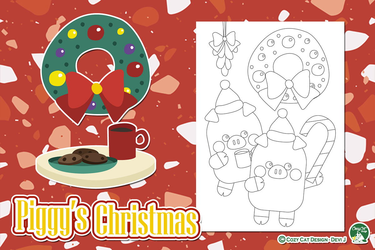 Piggy Christmas Coloring Pages, an Education Illustration by Cozy Cat Design (Photo 2 of 7)