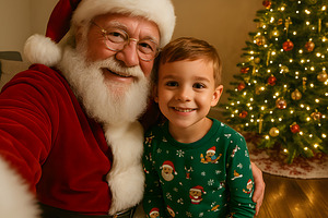 Santa Claus smiles warmly in a selfie with young boy, a Holiday Photo by GoodGoods