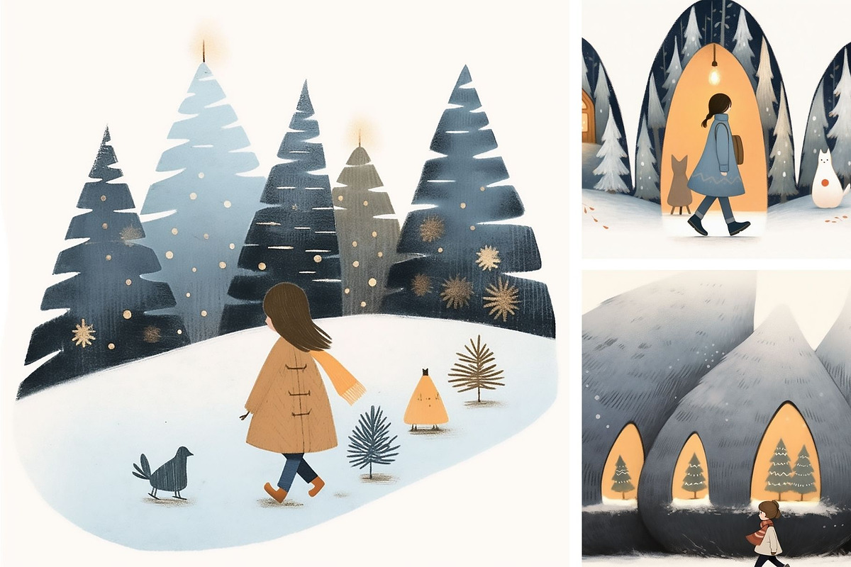 8 Christmas cute girl grey trees, a Seasonal Illustration by ARTOZEN DIGITAL (Photo 3 of 15)
