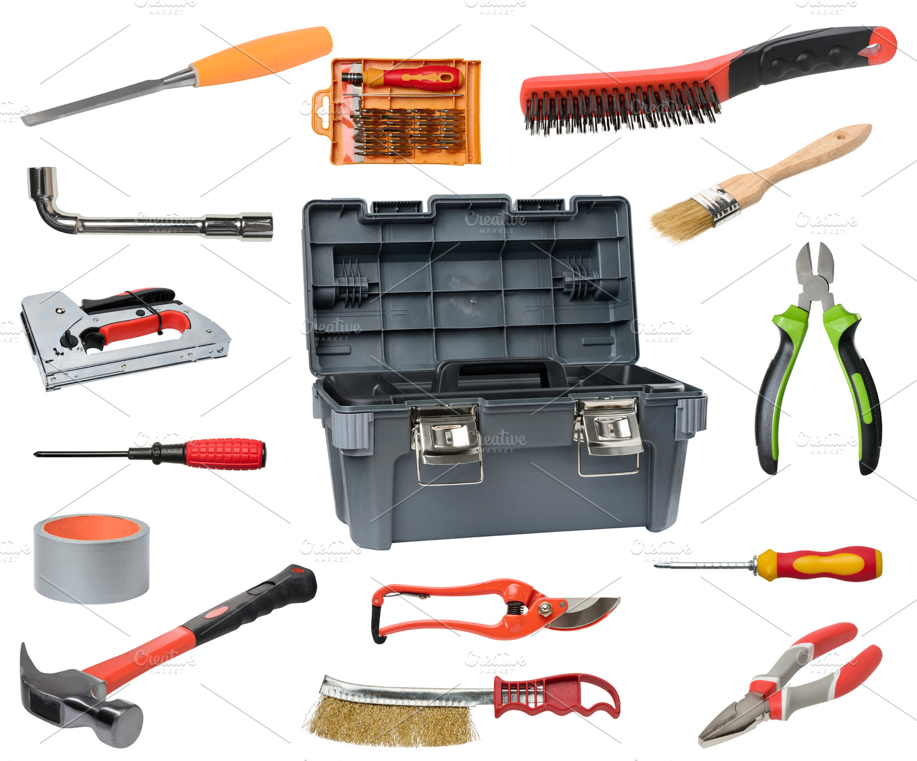 Set of various tools for repair and construction around open pla, an Industrial Photo by ndanko