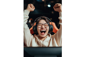 Young Asian gamer celebrates victory, a Technology Photo by Sergey Kotenev