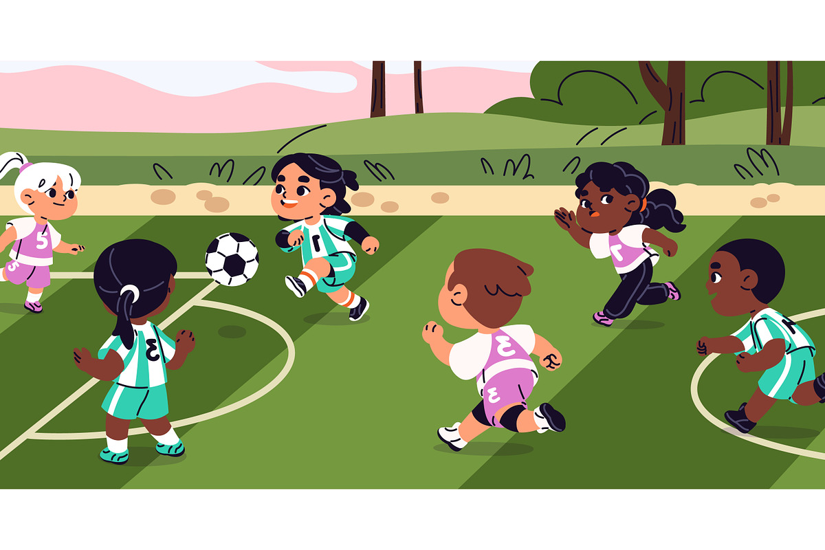 Cute kids play football on field, a Sport Illustration by PaperTrident (Photo 3 of 3)