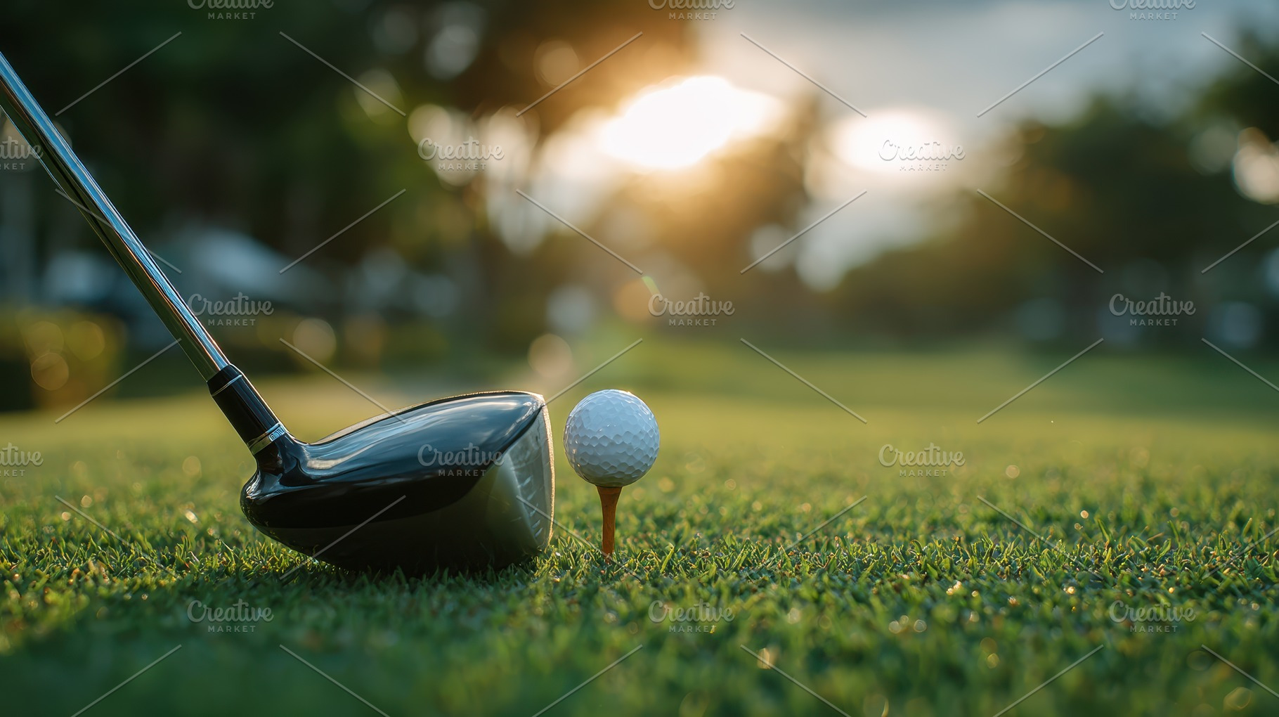 Golf club and ball on tee at sunset, a Photo by Pixeness Studio