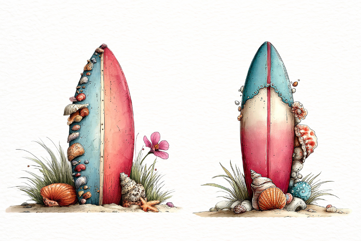 Whimsical summer surfboard clipart, an Illustration by Designworld (Photo 6 of 8)