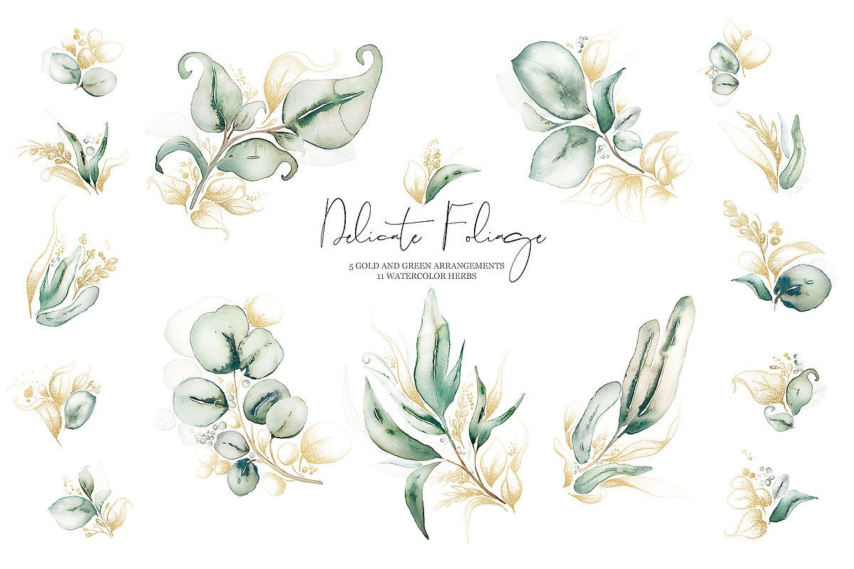 Mellow Greenery. Watercolor and Gold, a Decorative Illustration by Tinydew (Photo 5 of 14)