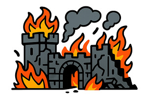 Castle engulfed in flames with smoke, an Object Illustration by ZinetroN