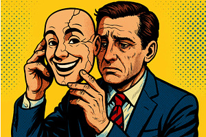 Sad Man Hiding Behind Smiling Mask, a Person Illustration by AlexArt