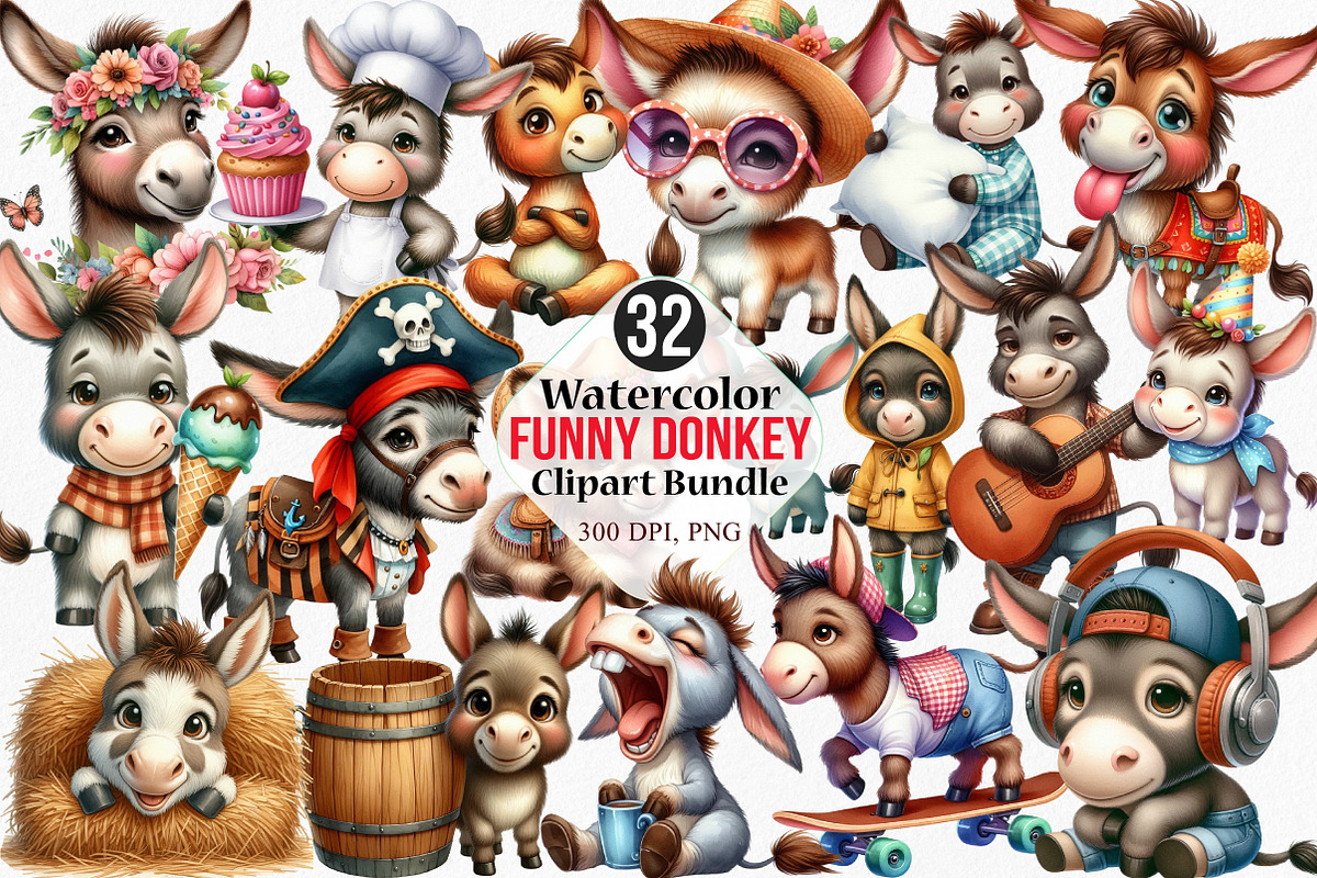 Watercolor Funny Donkey Clipart, an Illustration by Canvas Craft (Photo 1 of 7)