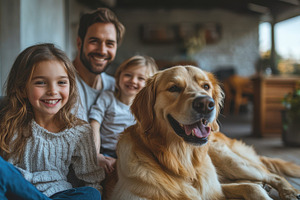 Family portrait with a dog, smiling., an Animal Photo by Pixeness Studio