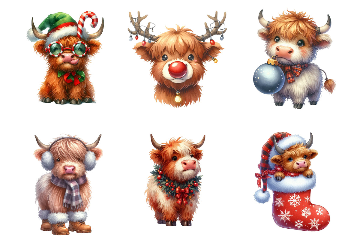 Christmas Highland Cow Clipart, an Illustration by SinaCreation (Photo 2 of 7)