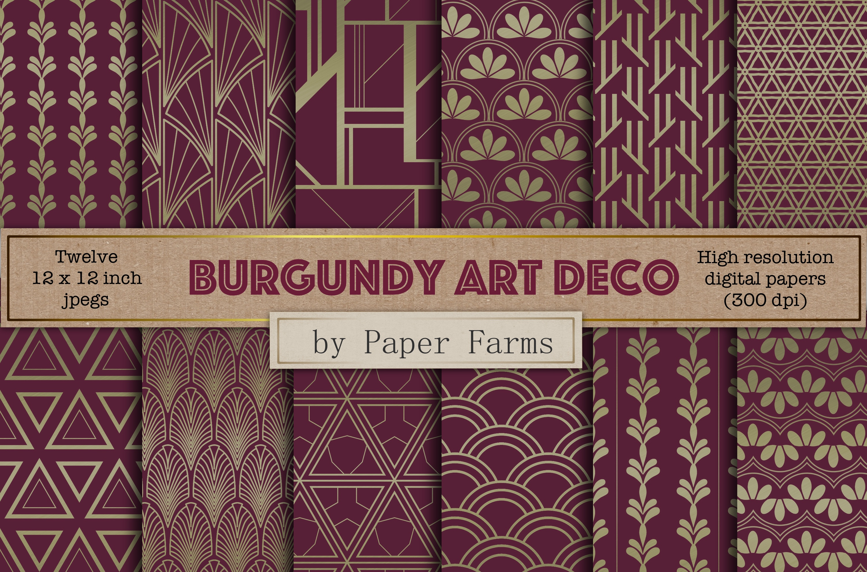 Burgundy Art Deco digital paper, a Pattern Graphic by Paper Farms