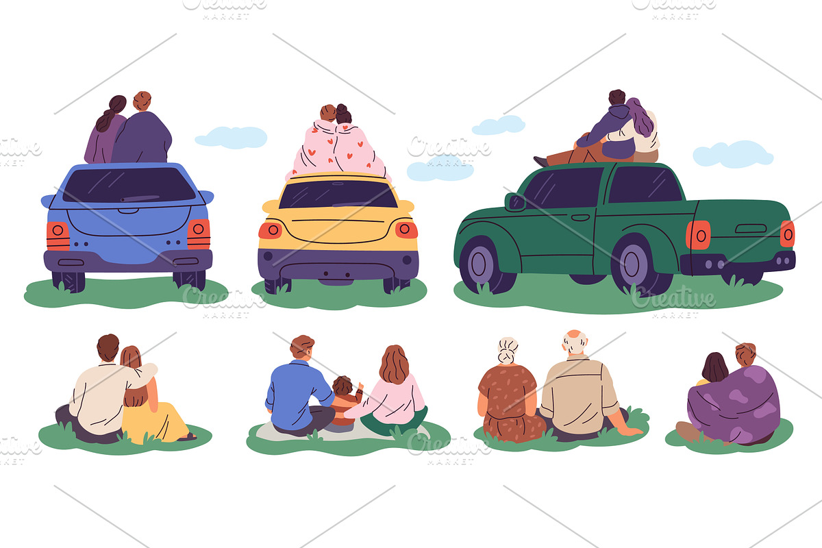 Back view people sitting on cars, an Illustration by YummyBuum