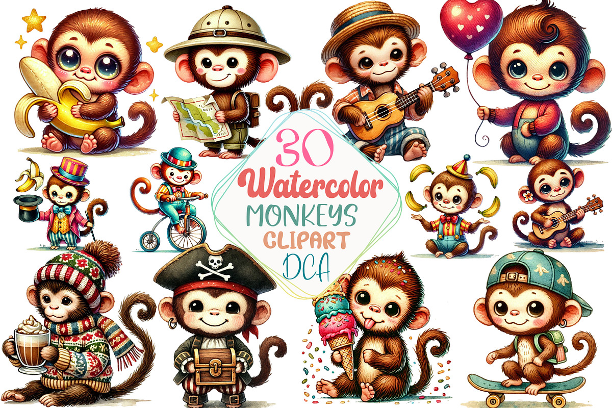 Watercolor Monkey Sublimation Clipar, an Illustration by DreamCafeArt (Photo 1 of 3)