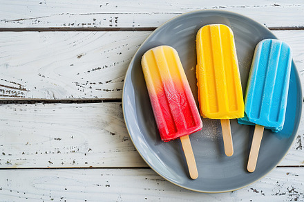 Colorful ice cream popsicles in plate on wooden background, a Food & Drink Photo by AlyaAnd
