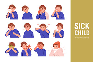 Sick kid boy with cold or flu set, a Person Illustration by Good Studio
