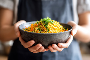 Woman in apron holding a bowl of, a Food & Drink Photo by MistyDay