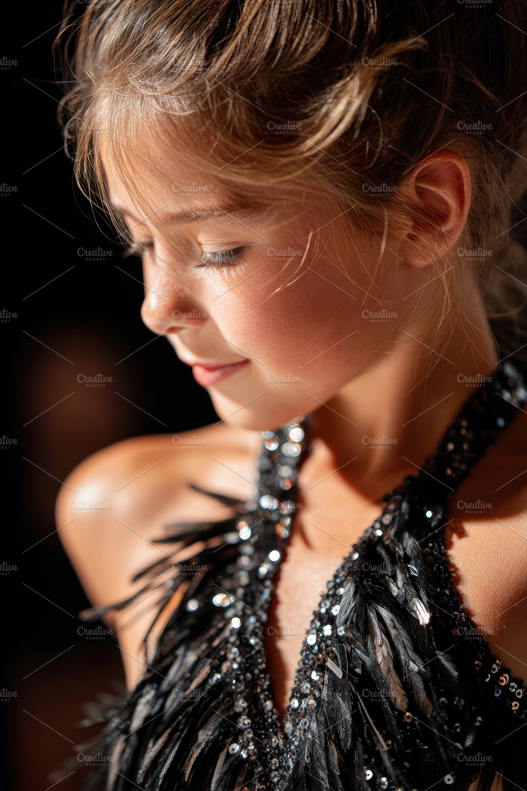 Young girl in glamorous black dress with feathers, a Sports & Recreation Photo by AlyaAnd