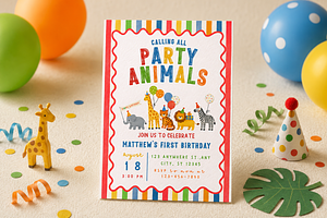 Party Animals First Birthday Invite, an Invitation Template by Melii Designs