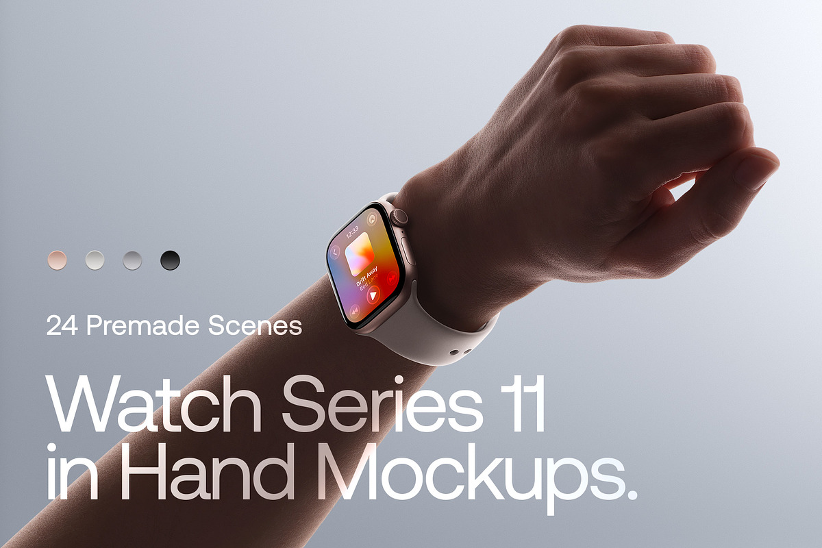 24 Watch Series 11 in Hand Mockups, a Wearable Device Mockup by Asylab (Photo 1 of 107)