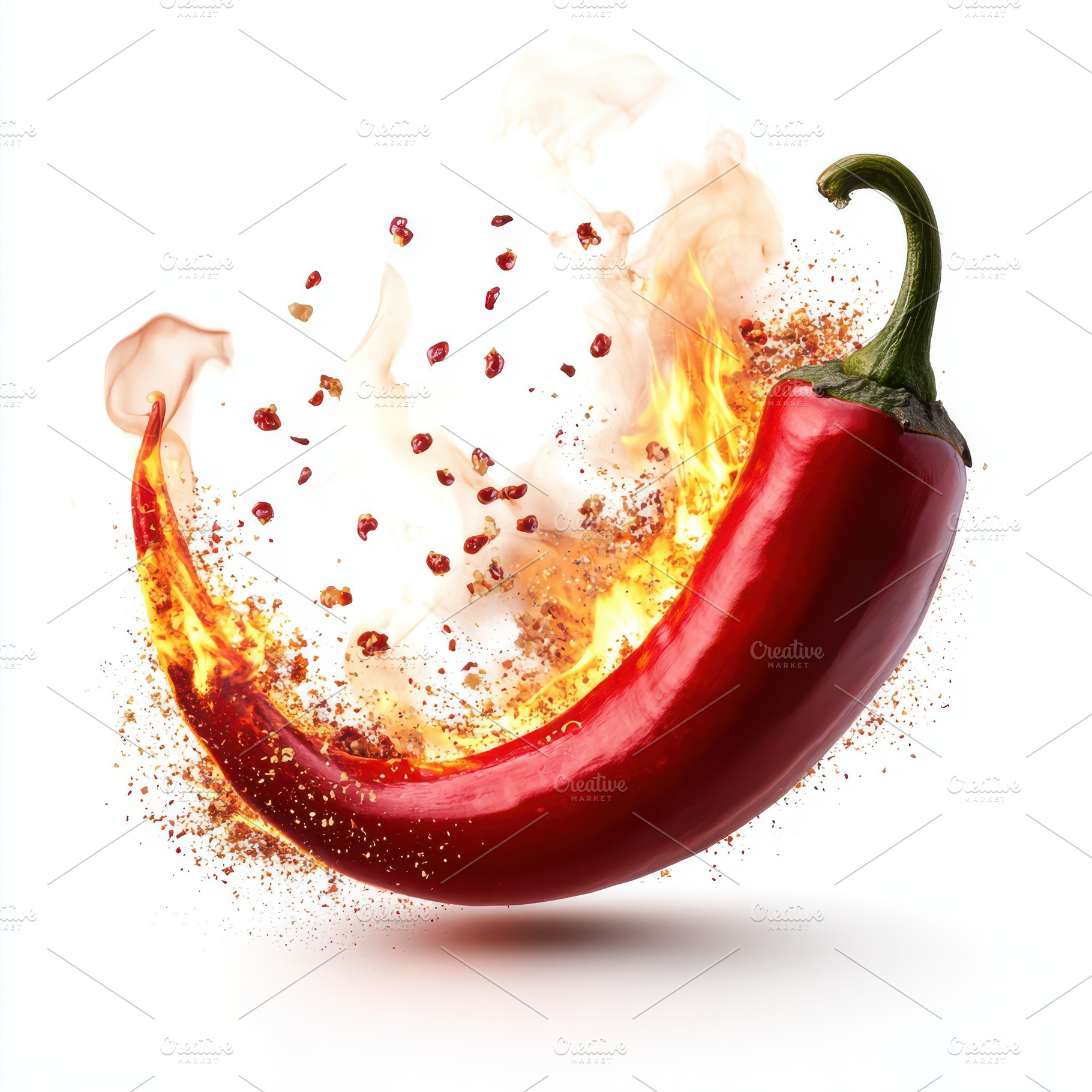 Hot red chili pepper on fire, on tra, a Food & Drink Photo by Pixeness Studio