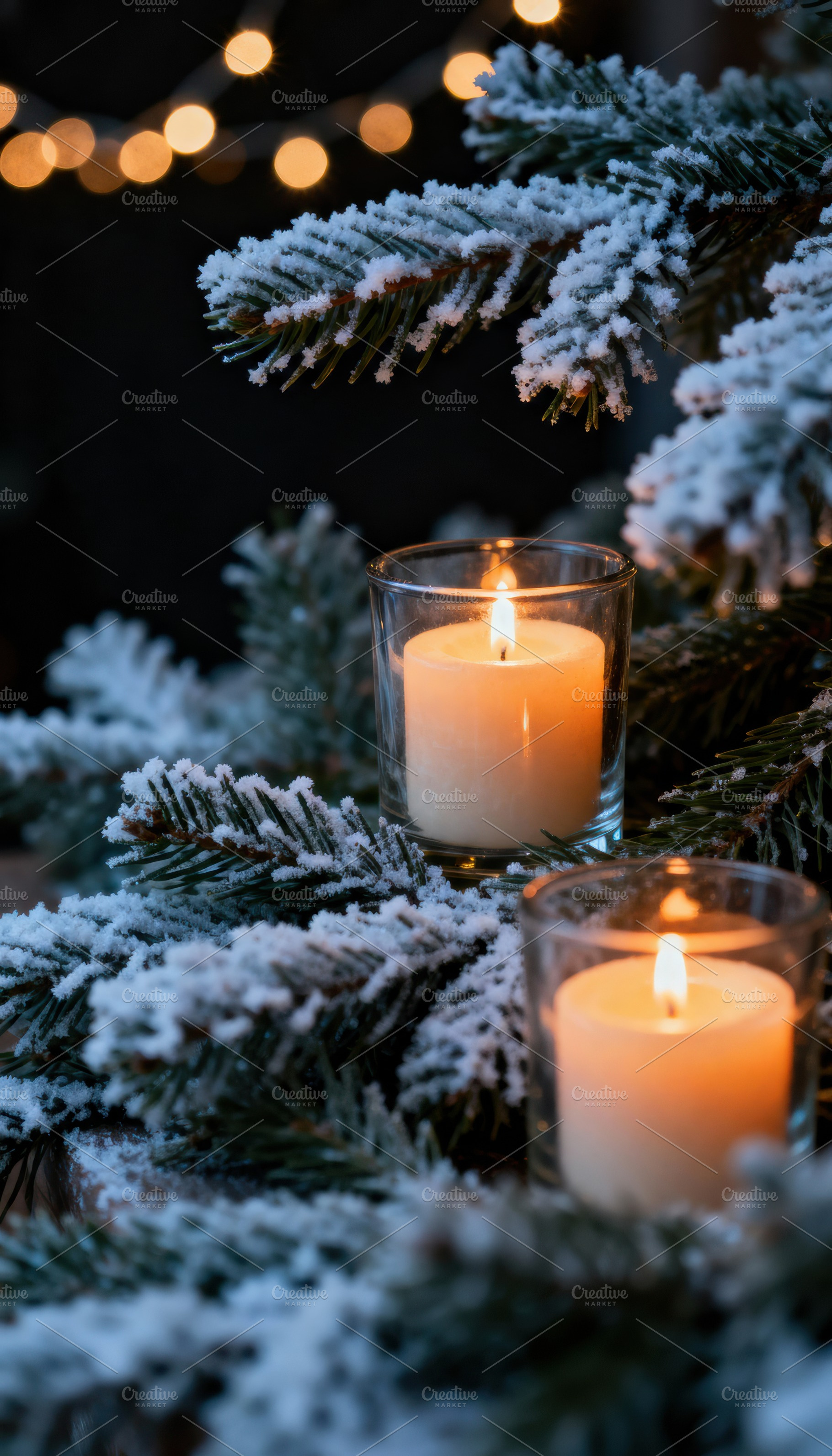 Frosted Pine Branches & Candlelight, a Holiday Photo by Virgo Studio