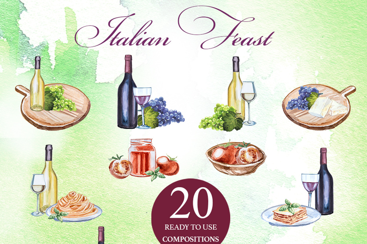 Italian Feast Watercolor Clipart, a Food Illustration by ArtCreationsDesign (Photo 5 of 9)