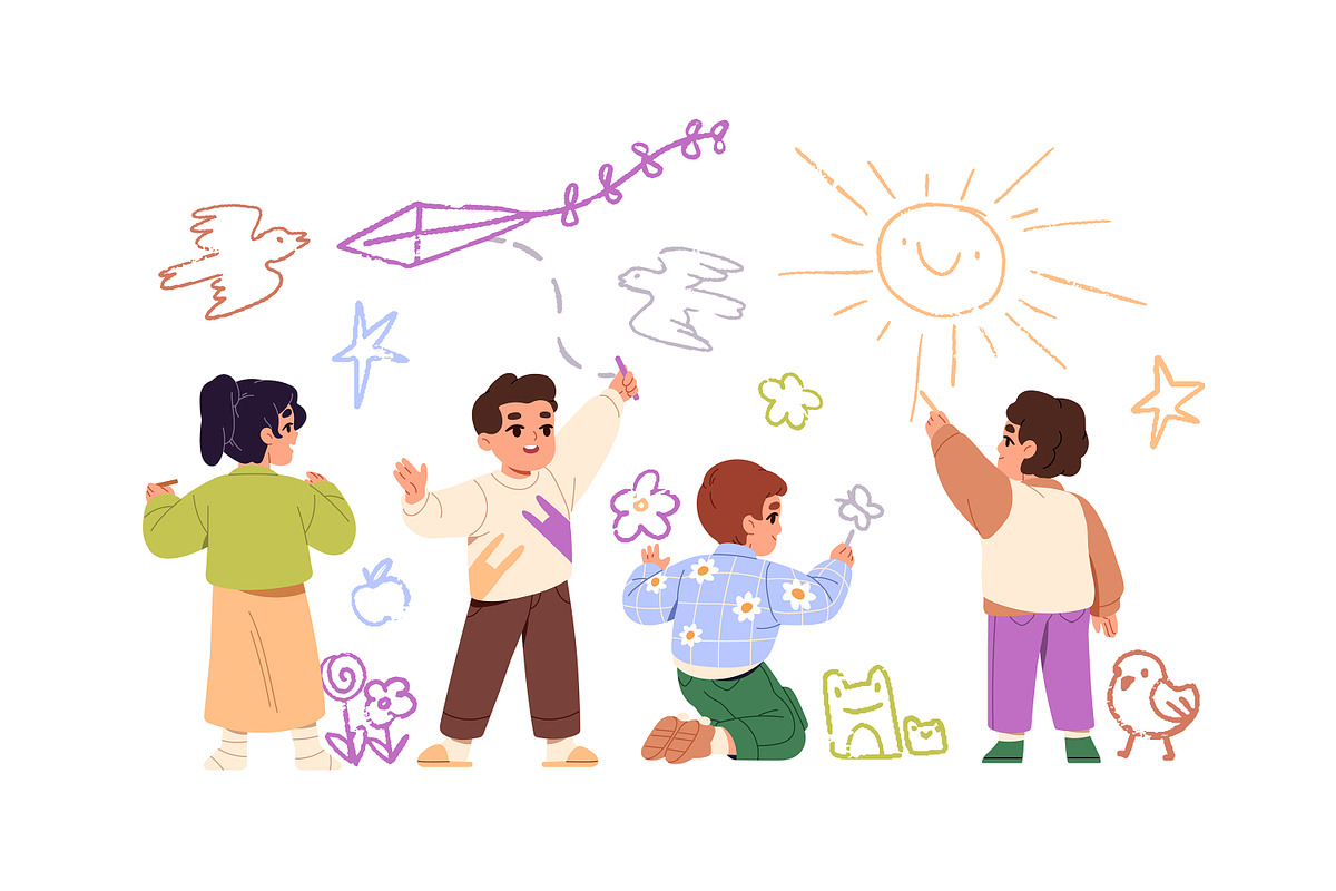 Cute kids drawing doodles on wall, a Person Illustration by PaperTrident (Photo 8 of 14)