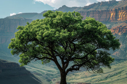 Lone Green Tree Standing in a Vibrant Desert Landscape Under a Cloud-Filled Sky, a Photo by AS photostudio