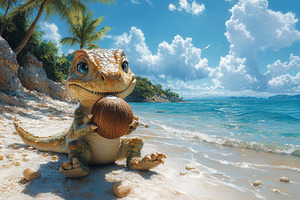 Cute lizard character enjoys a cocon, a Photo by Tanuart