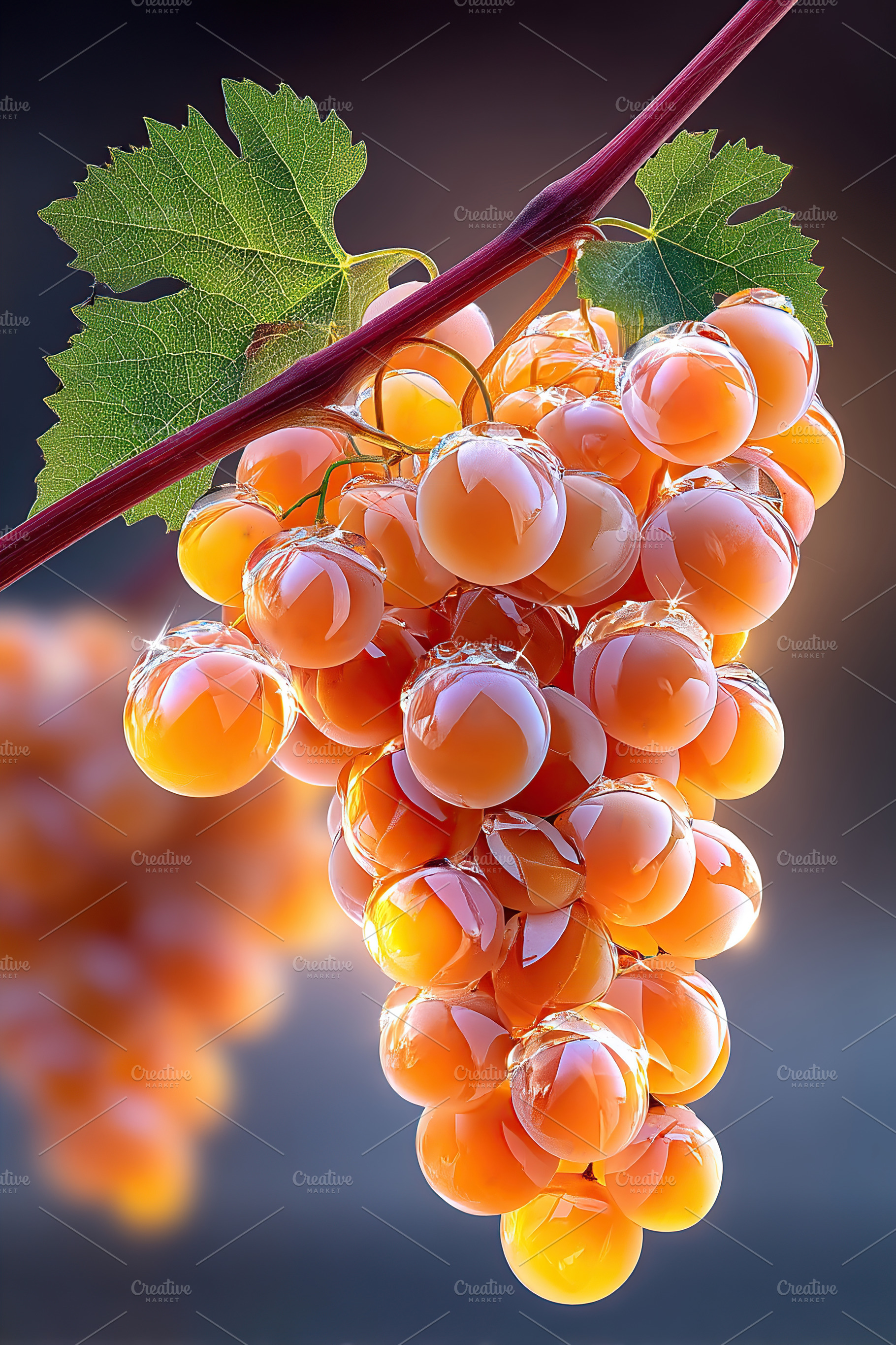 Juicy bunch of golden grapes hanging on vine in a sunlit vineyard during harves, a Food & Drink Photo by AlyaAnd