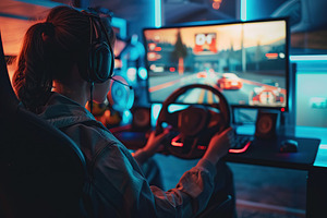 Young woman in headphones with steering wheel playing car racing game at home, a Sports & Recreation Photo by AlyaAnd