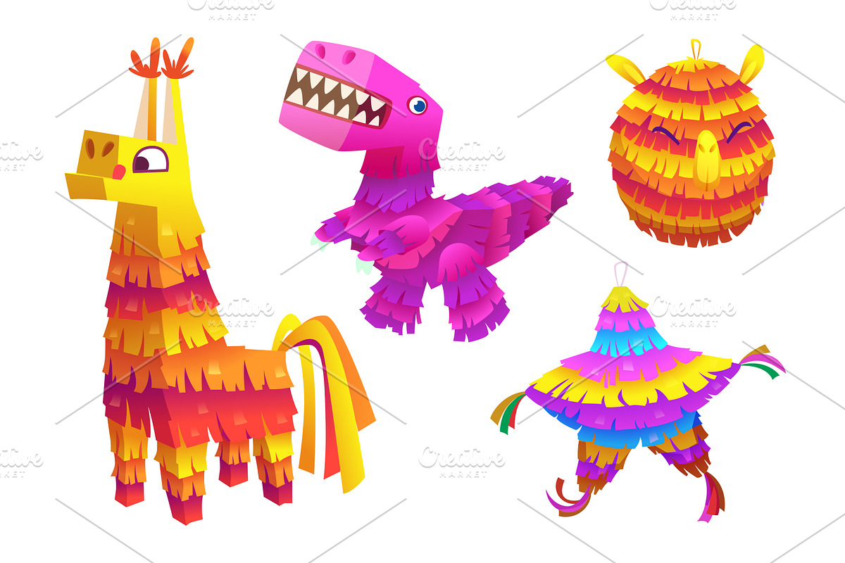 Pinatas. Cartoon mexican party toys, an Object Illustration by Onyx