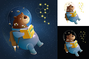 Bear And Bees Reading Book In Space