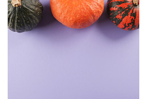 Three colorful pumpkins on purple