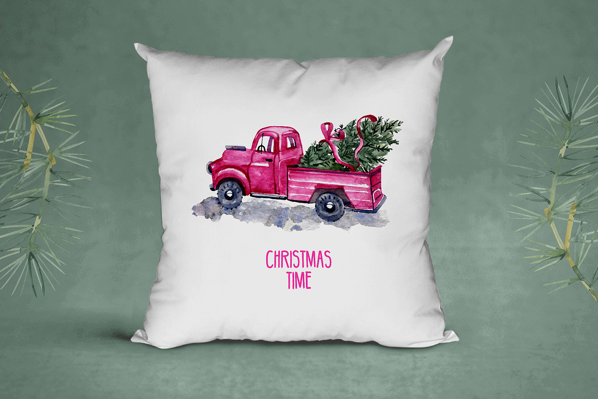 Watercolor christmas truck, a Decorative Illustration by NataliMiasStore (Photo 2 of 3)