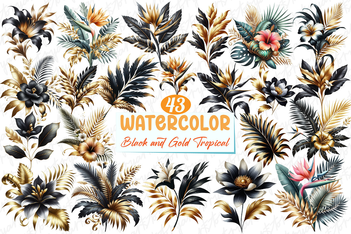 Black and Gold Tropical Clipart, a Graphic by designcity5 (Photo 1 of 5)