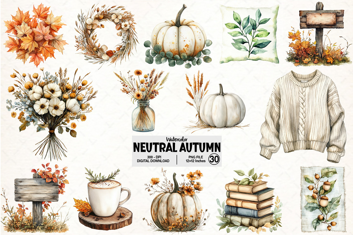 Watercolor Neutral Autumn Clipart, an Illustration by Pixels.Craft (Photo 1 of 6)