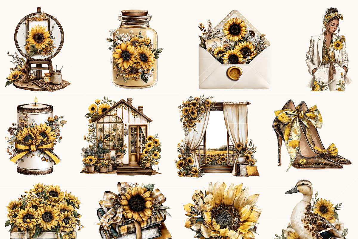 Watercolor Sunflower Clipart Bundle, a Person Illustration by BusyDaydesign (Photo 4 of 9)