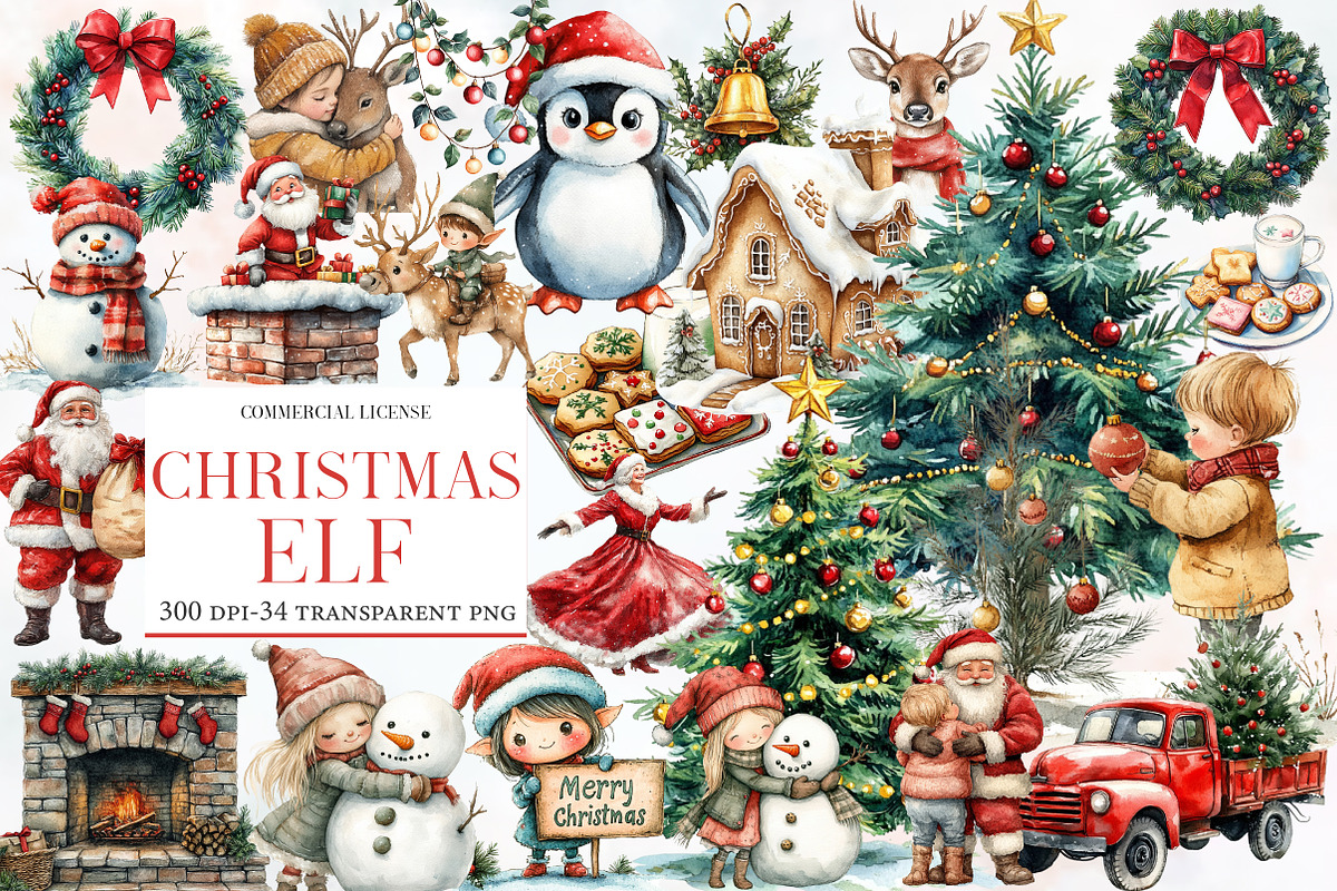 Christmas Elf Watercolor Clipart, an Illustration by Designworld (Photo 1 of 5)