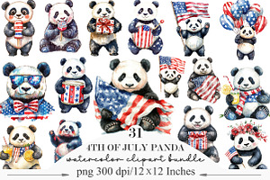 4th of July Panda Watercolor, an Illustration by Designking