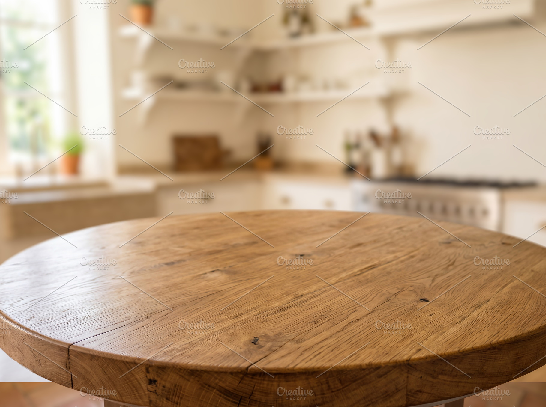 Empty round wooden oak table top, a Food & Drink Photo by Volff
