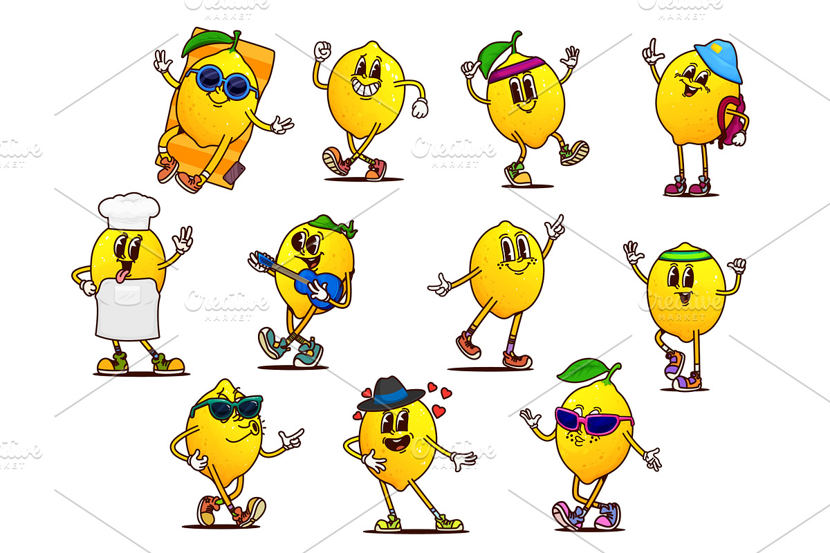 Cartoon retro groovy lemon fruit, a Food Illustration by Vector Tradition