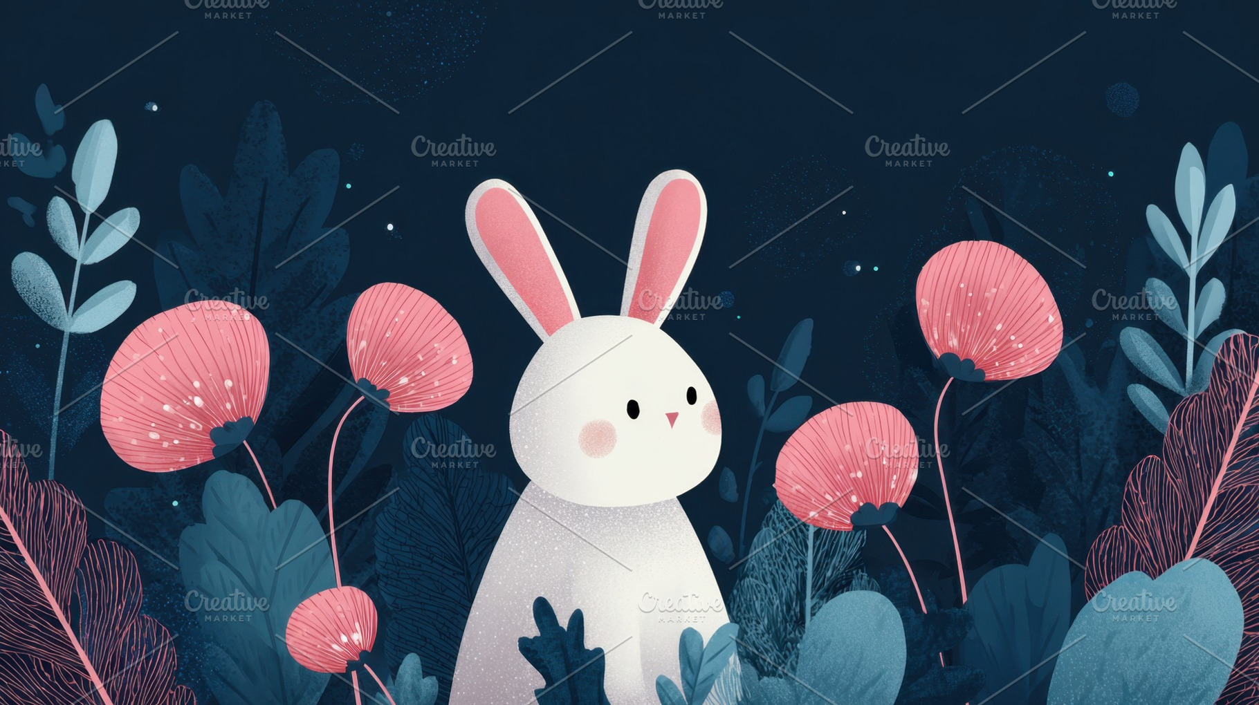 Cute bunny among flowers at night, a Photo by Beautiful things