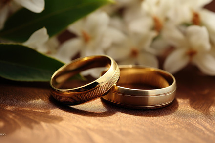 Wedding rings on wooden table with f, a Photo by Iftikhar Alam
