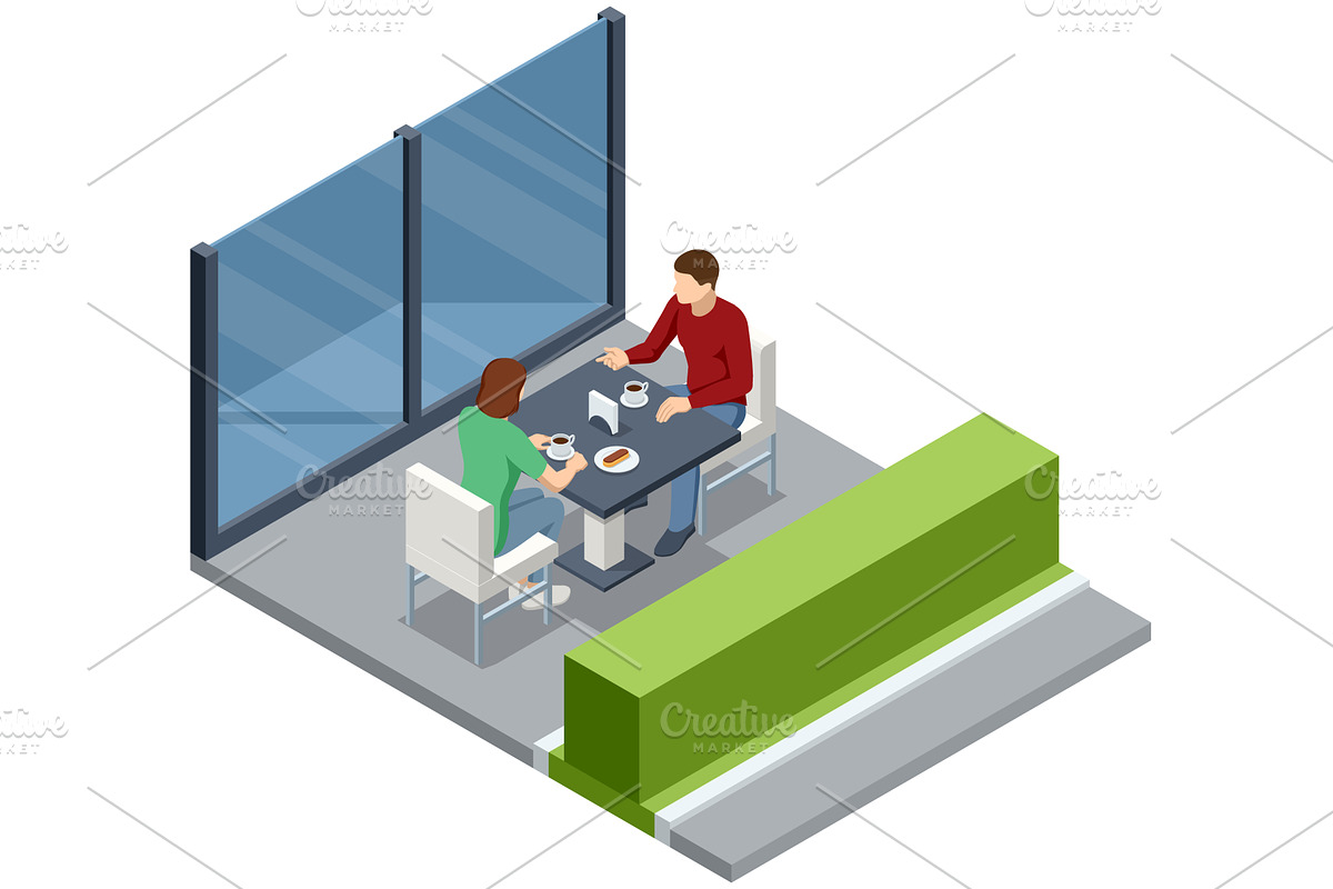 Friend at cafe table. Isometric cafe, a Food Illustration by Golden Sikorka
