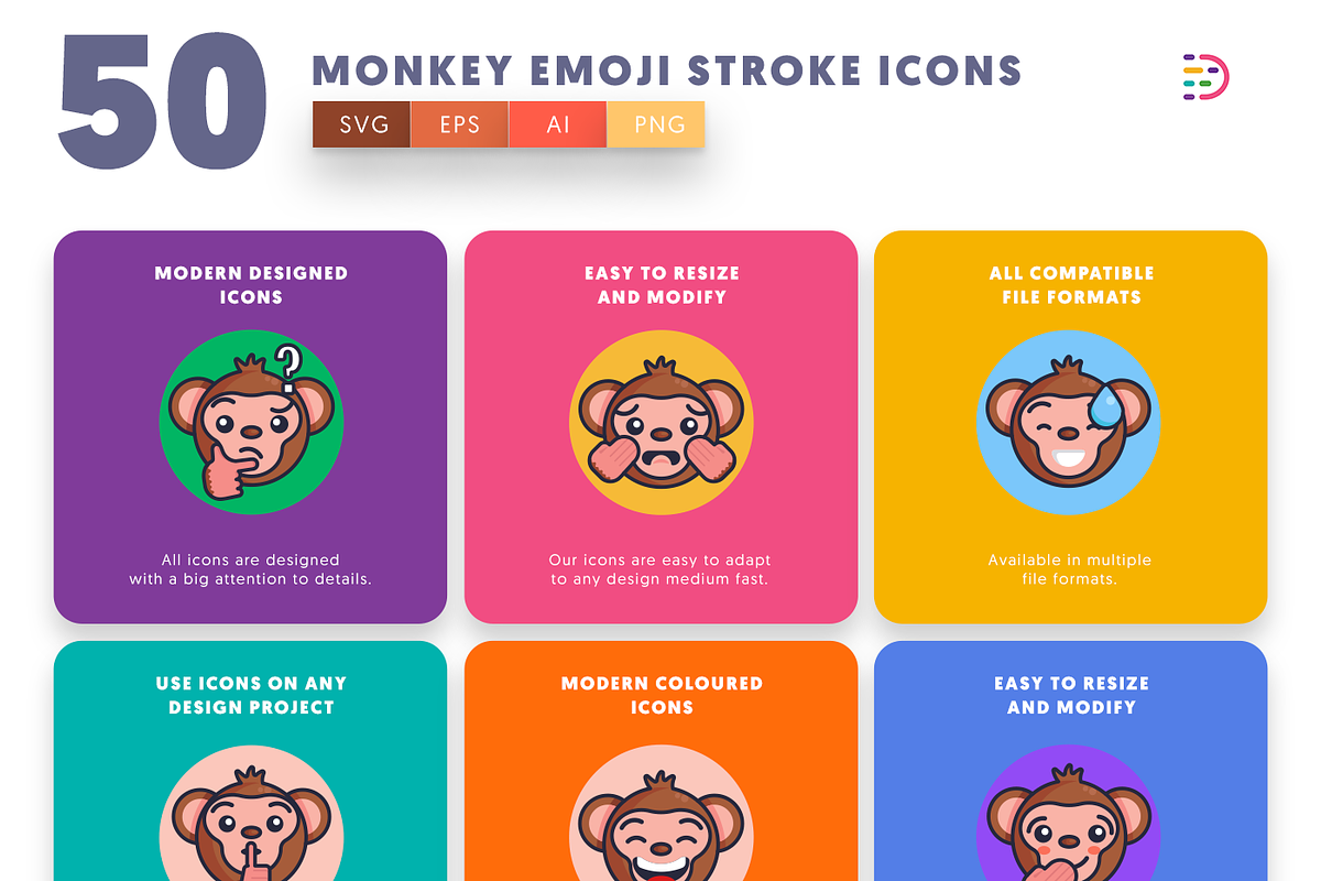 50 Monkey Emoji Stroke Icons, an Emoji Icon by Dighital (Photo 6 of 10)