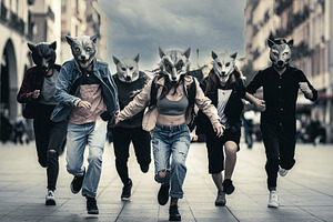 Group of therians young people in an urban square running toward, an Arts & Entertainment Photo by DanFLCreativo