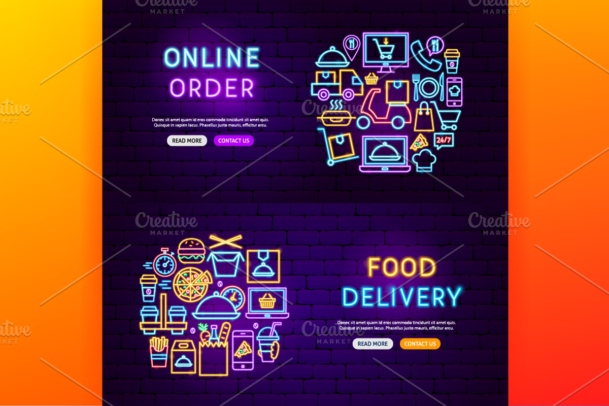 Food Delivery Vector Neon Icons
